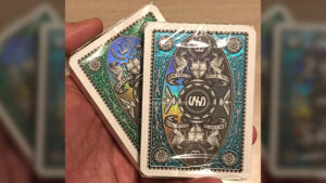 Double metal playing cards from the London Diffractor set for magic tricks and illusions.