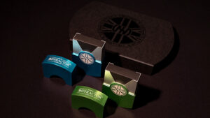 Double metal playing card set with diffractor finish in blue, green, and silver.