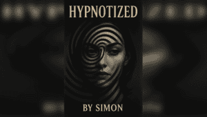 Woman with hypnotic spiral pattern on face, promoting hypnosis mastery eBook.