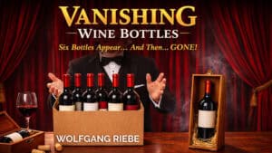 Magical vanishing wine bottles illusion by Wolfgang Riebe for captivating magic performances.
