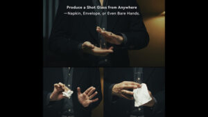 Close-up of a magician performing a magical shot with a glass and napkin.