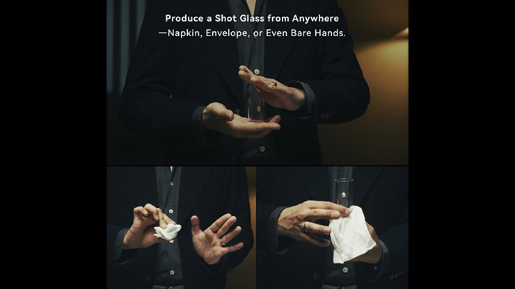 Close-up of a magician performing a magical shot with a glass and napkin.