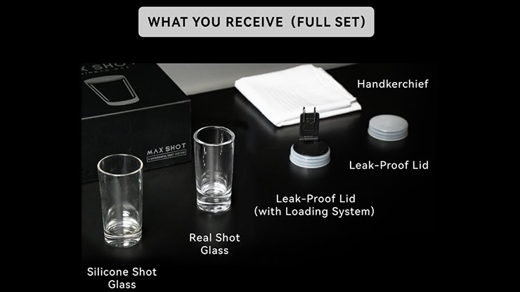 Max Shot magic trick set with glasses, handkerchief, and leak-proof lid for illusions.