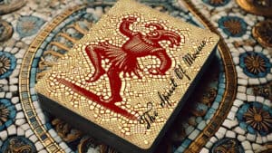 Playing cards with a red mosaic lion design, inspired by The Spirit of The Mosaic theme.