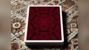 Close-up of red mosaic playing cards from The Spirit of The Mosaic series.