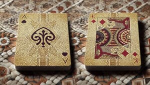 Elegant red and gold mosaic design on the Spirit of The Mosaic playing cards.