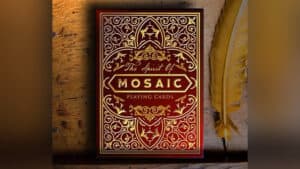 Red Mosaic Playing Cards deck with intricate gold designs, perfect for magic tricks and card illusio.