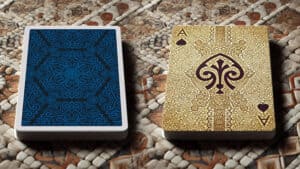 Blue mosaic design playing cards for magic tricks and card illusions.