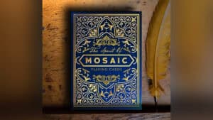 Blue Mosaic Playing Cards box with intricate gold design, themed around magic and illusions.