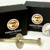 Close-up of a screw coin trick with US quarter and magic box by Tango Magic.