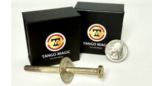 Close-up of a screw coin trick with US quarter and magic box by Tango Magic.