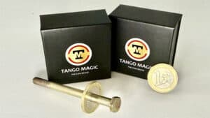 Close-up of Tango Magic Screw Coin (1 Euro) with packaging and coin.