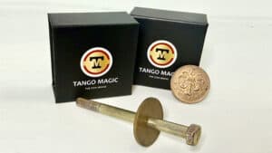 Close-up of a 2 Pence coin and screw magic trick prop by Tango Magic.