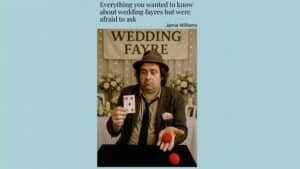 Magician performing wedding fayre magic tricks for wedding event success.