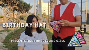 Close-up of a birthday hat magic trick performed outdoors for kids and adults.