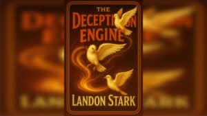 Book cover of The Deception Engine by Landon Stark, featuring flying doves and fiery design.