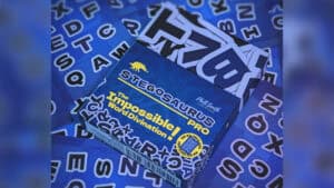 Stegosaurus Pro card trick box with alphabet cards for magic illusions.