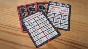 Zodiac sign cards for astrology and magic tricks demonstration.