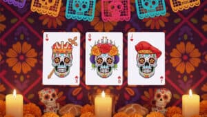 Colorful Day of the Dead themed playing cards with sugar skull designs for celebrations.