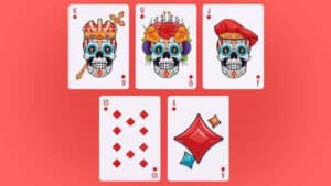 Colorful Day of the Dead themed playing cards featuring sugar skull designs. Perfect for magic trick.