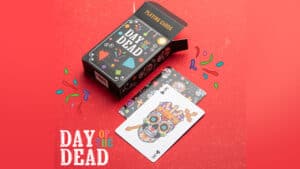 Colorful Day of the Dead themed playing cards with skull design, perfect for Halloween and festive c.