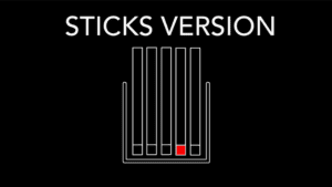 Close-up of the Sticks Imposter magic trick with a red square at the bottom.