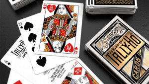 Tally Ho 140th Anniversary metaluxe playing cards with intricate design.