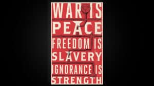 Inspirational poster with quotes on war, peace, and strength by Michael O'Brien (1984).