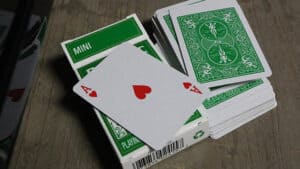Green mini bicycle playing cards from the Magic Tricks deck.