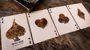 High-quality Mortalis Machina Iron Standard Edition playing cards with steampunk gear design.