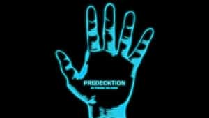 Neon blue hand illustration for magical tricks and card illusions.