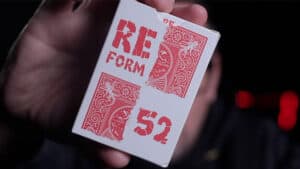 Close-up of Reform 52 card from Matthew Wright's magic trick set.