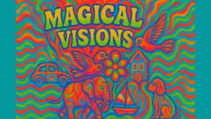 Colorful psychedelic artwork featuring animals, a house, and a car for magical illusions.
