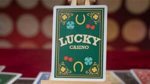 Lucky 52 casino card with clovers and cherries, magic trick by Matthew Wright.