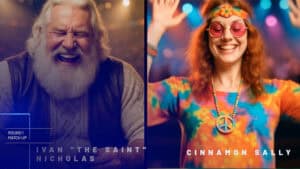 Close-up of a magician performing Lucky 52 card trick with vibrant audience in background.