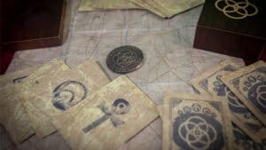 Close-up of vintage-style artefact-themed playing cards for magic illusions and tricks.