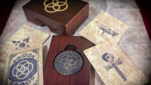 Close-up of mystical artefact and ancient symbols from Matthew Wright's magic collection.