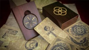 Inspired artifact with hieroglyphs and symbols for magic tricks.