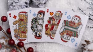 Festive snowman-themed playing cards featuring holiday characters for Christmas fun.