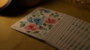 Elegant flower-themed playing cards with gilded rose designs for magic tricks and card illusions.