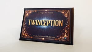 Magic trick card titled Twinception by Marco Markiewicz in blue design.