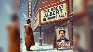 Performer in vintage coat performing magic outside Regal Theater with "The Great Albert" sign.