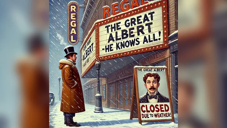 Performer in vintage coat performing magic outside Regal Theater with "The Great Albert" sign.