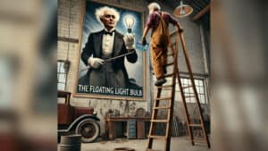 Magician performing a floating light bulb illusion in a vintage workshop setting.