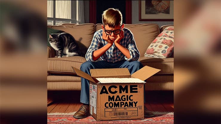 Boy performing magic trick with a cardboard box labeled "ACME MAGIC COMPANY" on a sofa.