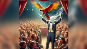 Magician performing a magic trick with a colorful parrot on stage in front of an audience.