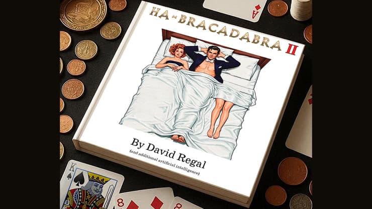 Magic trick book cover "HA-BRACADABRA II" by David Regal with playing cards and coins.