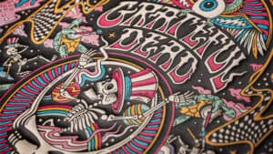 Colorful Grateful Dead-themed jigsaw puzzle with psychedelic artwork and skeletons.