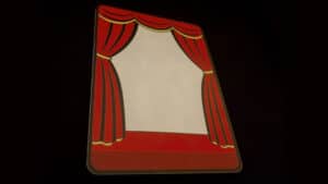 Close-up of a puppet show card with red curtains for magic performances.