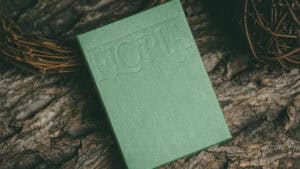 Close-up of Floria MegaJam Playing Cards by Harapan Ong & Bacon Magic on a textured wooden surface.